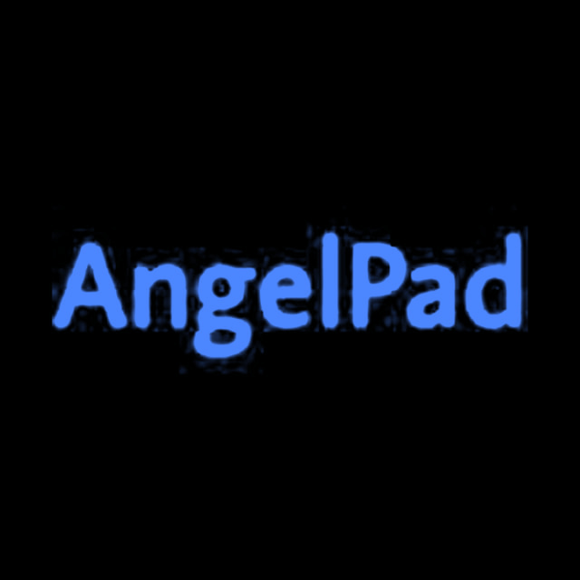 DoomBench-blue rendering of the AngelPad logo against a black background.
