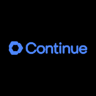 DoomBench-blue rendering of the Continue logo against a black background.