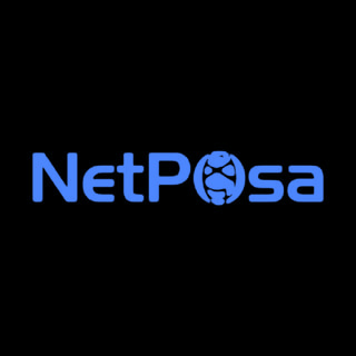 DoomBench-blue rendering of the NetPosa logo against a black background.