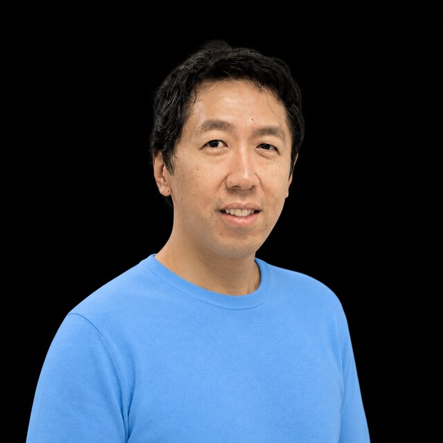 AI-generated portrait of Andrew Ng wearing a DoomBench-blue top against a black background.