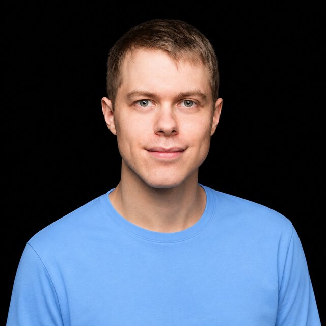 AI-generated portrait of Dan Hendrycks wearing a DoomBench-blue top against a black background.