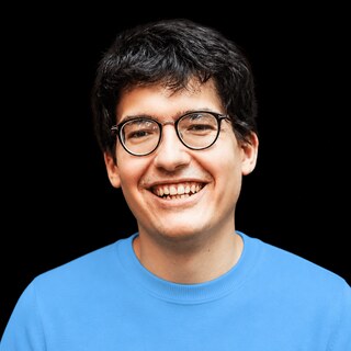 AI-generated portrait of Daniel Levy wearing a DoomBench-blue top against a black background.