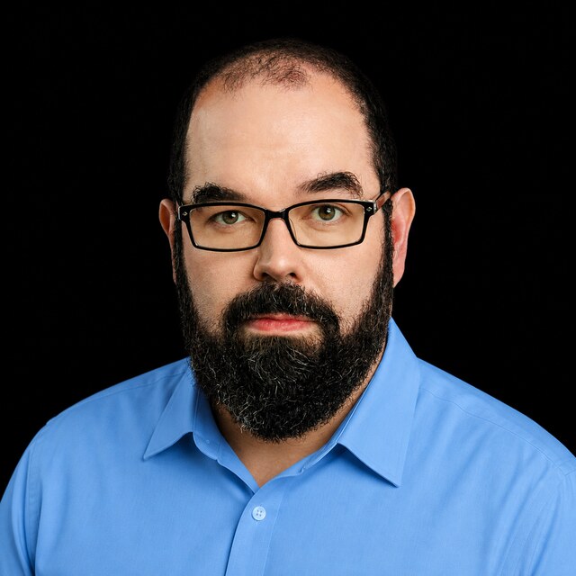AI-generated portrait of Eliezer Yudkowsky wearing a DoomBench-blue top against a black background.