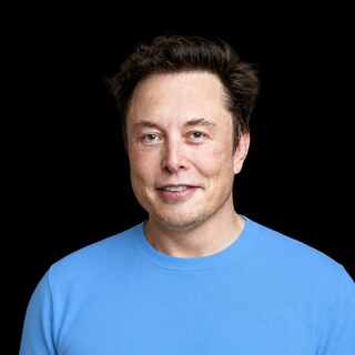 AI-generated portrait of Elon Musk wearing a DoomBench-blue top against a black background.