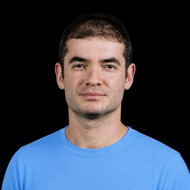 AI-generated portrait of Ilya Sutskever wearing a DoomBench-blue top against a black background.