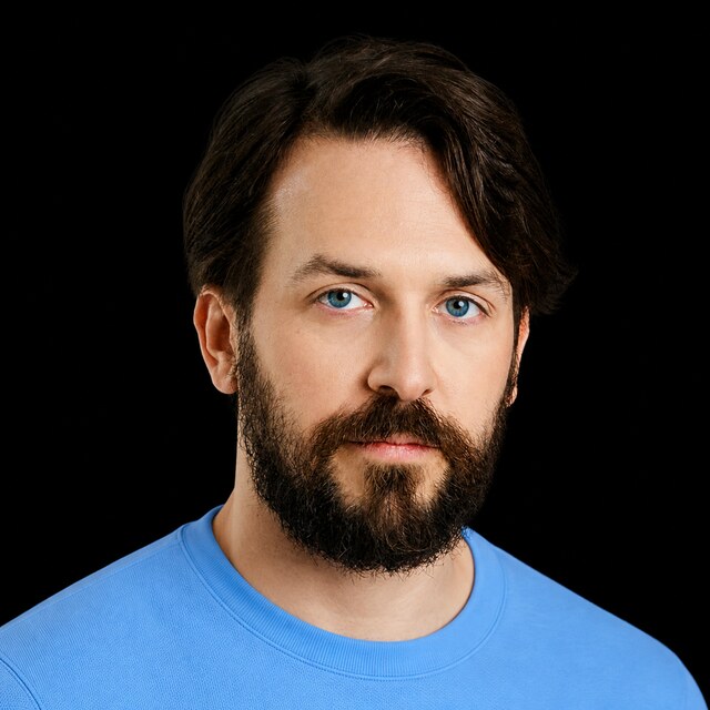 AI-generated portrait of Nate Soares wearing a DoomBench-blue top against a black background.