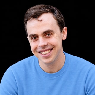 AI-generated portrait of Paul Christiano wearing a DoomBench-blue top against a black background.