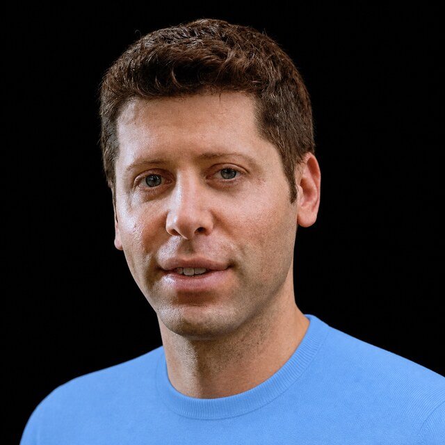 AI-generated portrait of Sam Altman wearing a DoomBench-blue top against a black background.